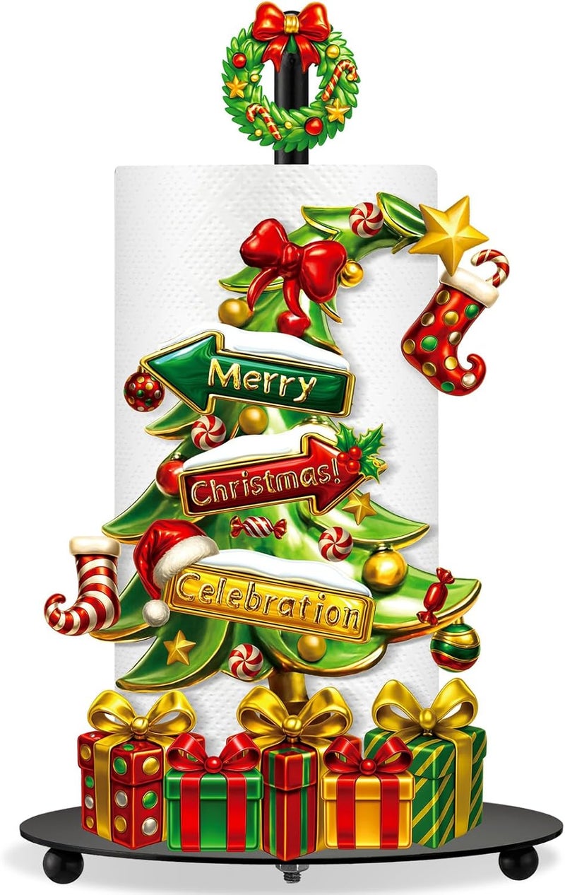 Shellwei Lime Green Christmas Tree Paper Towel Holder with Round Base Whimsical Christmas Bathroom Decor Rustic Xmas Tree Dispenser Kitchen Paper Holder Stand for Countertop Toilet Home Accessories - Image 1